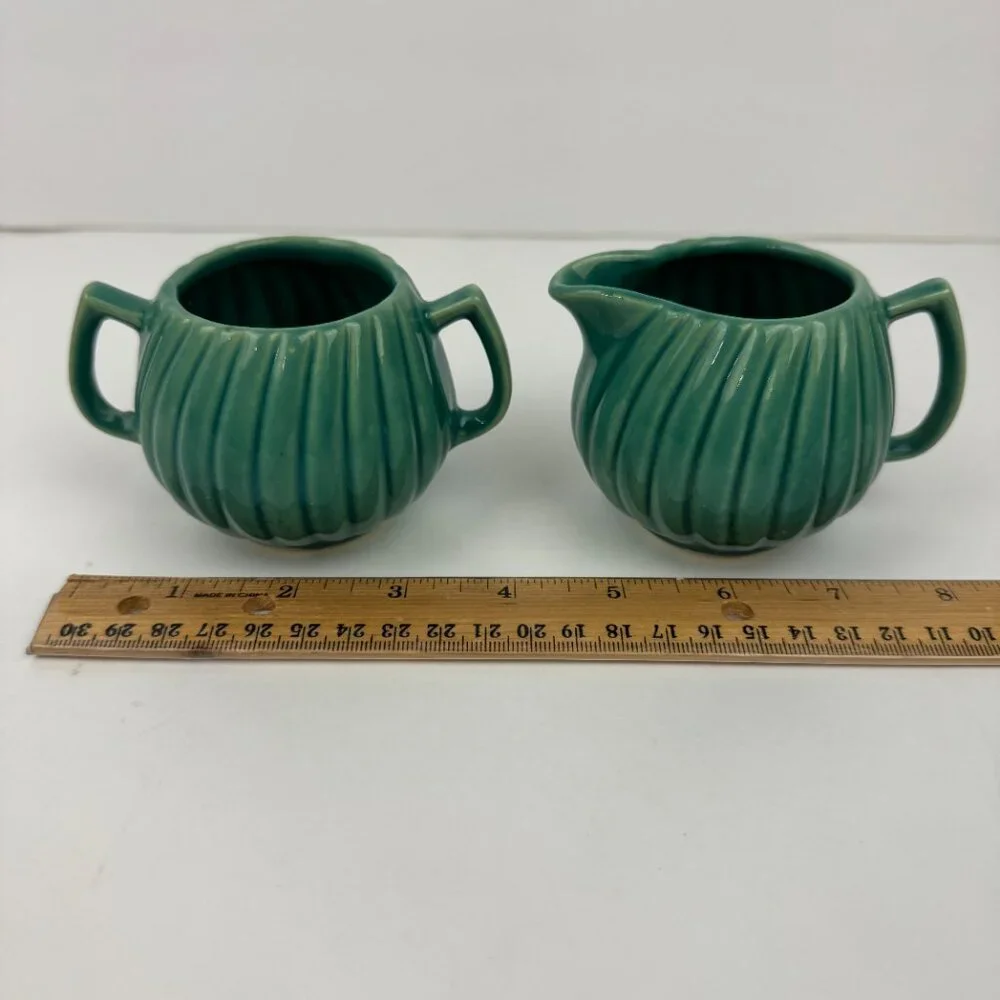 Vtg‎ Small Ceramic Creamer Sugar Set MCM Sage Green Teal Swirled Ribbed Textured